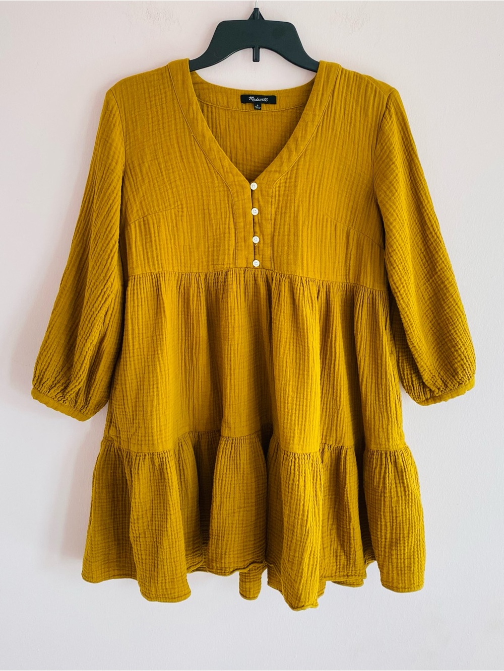 Madewell Lightspun Colette V-Neck Babydoll Tunic Mustard Yellow Dress Size 0